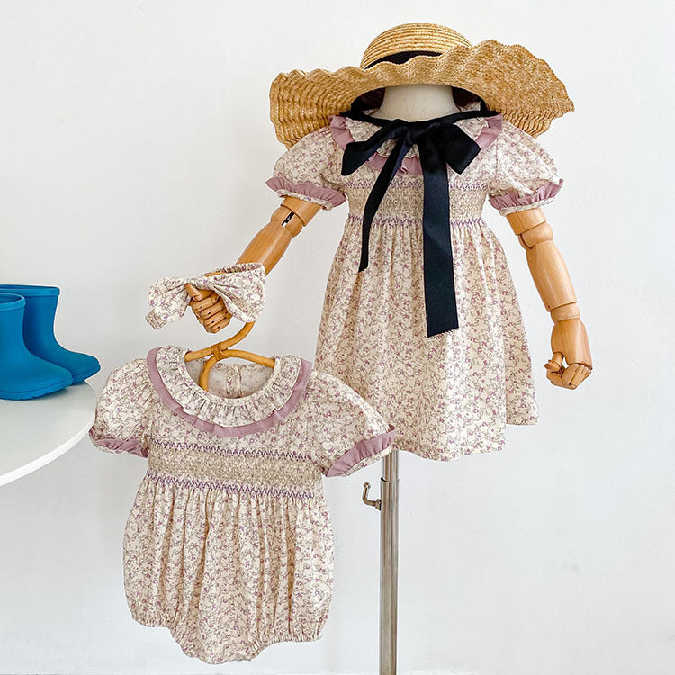 Baby Girl Ditsy Flower Ruffle Neck Dress Onesies In Summer