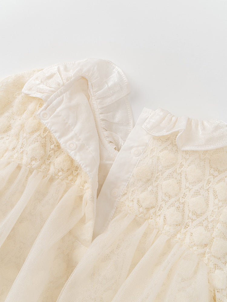 Autumn Tulle Dress Design Baby Girls Beige Geometric and Heart Pattern Long Sleeves Onesies with Princess Collar and Hat