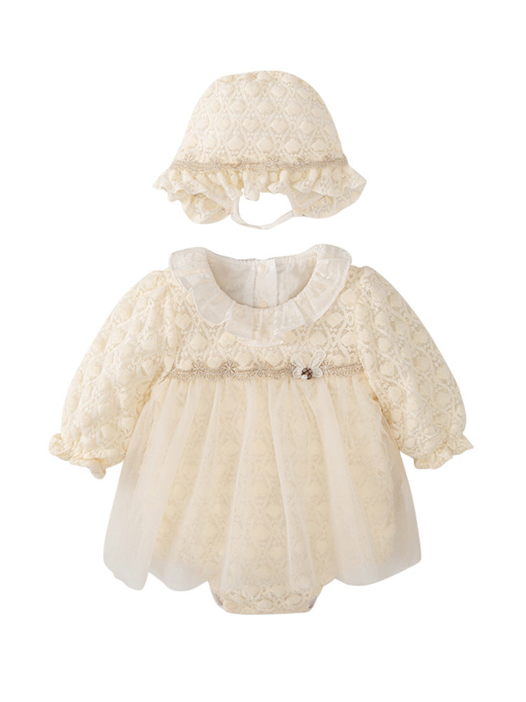 Autumn Tulle Dress Design Baby Girls Beige Geometric and Heart Pattern Long Sleeves Onesies with Princess Collar and Hat