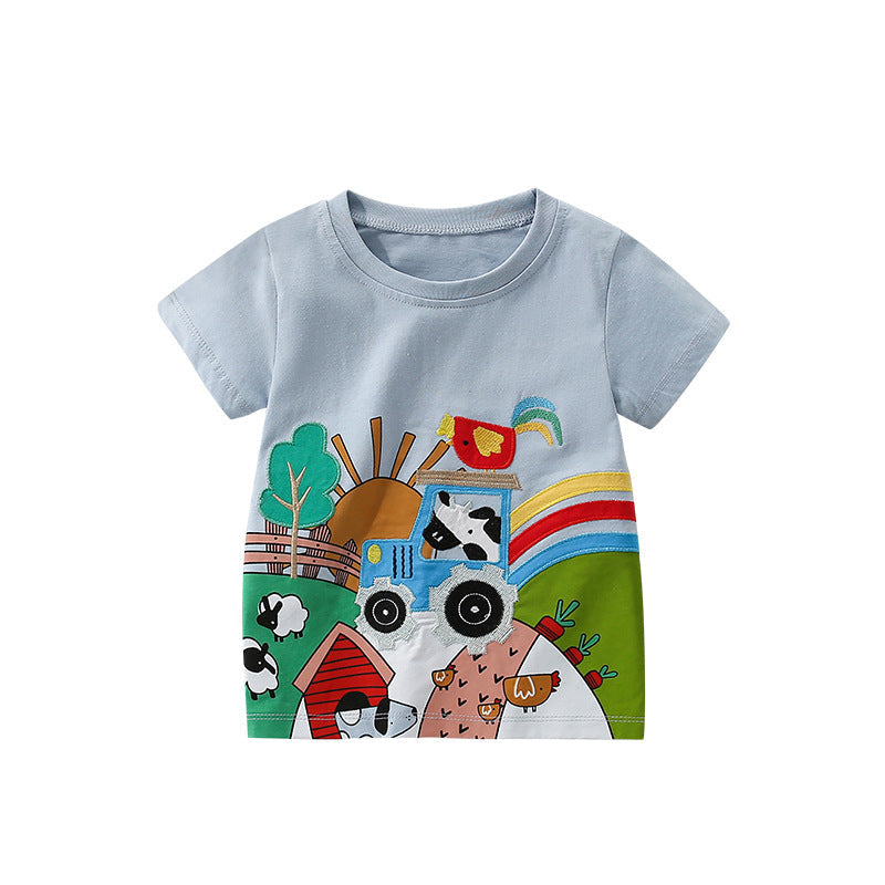 Summer Boys’ Cartoon Animals and Farm Pattern T-shirt in European and American Style