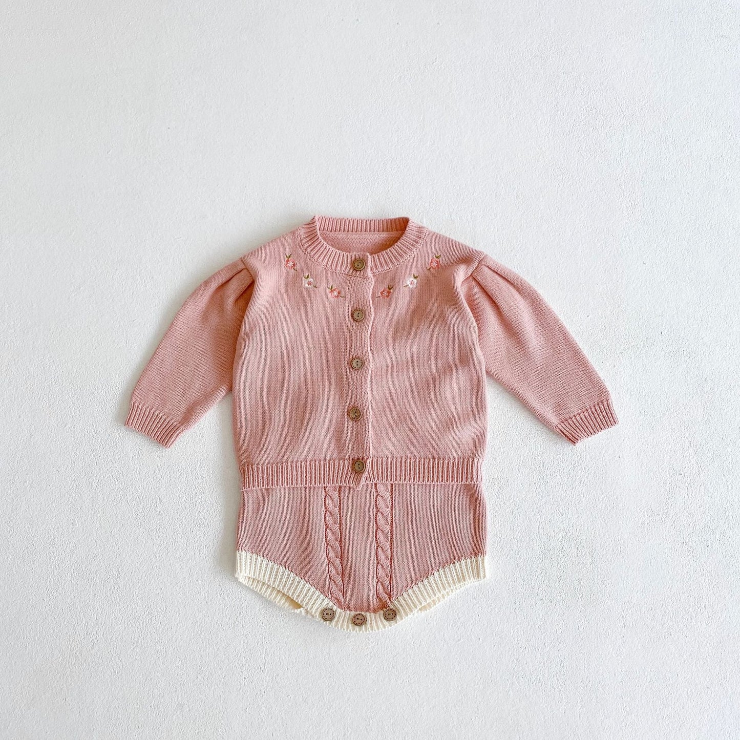 Baby Girl 1pcs Crochet Knitting Graphic Contrast Onesies & Floral Embroidered Cardigan Sets