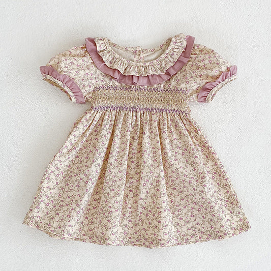 Baby Girl Ditsy Flower Ruffle Neck Dress Onesies In Summer