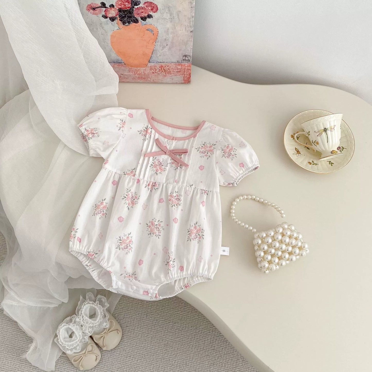 Summer Arrival Baby Girls Cute Short Sleeves Crew Neck Floral Print Onesies