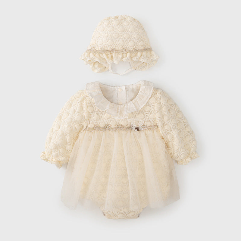 Autumn Tulle Dress Design Baby Girls Beige Geometric and Heart Pattern Long Sleeves Onesies with Princess Collar and Hat