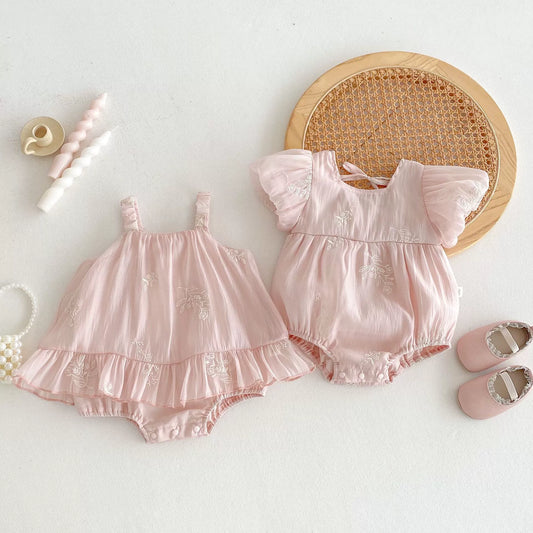 Summer Arrival Baby Girls Cute Pink Short Sleeves Flowers Embroidered Onesies