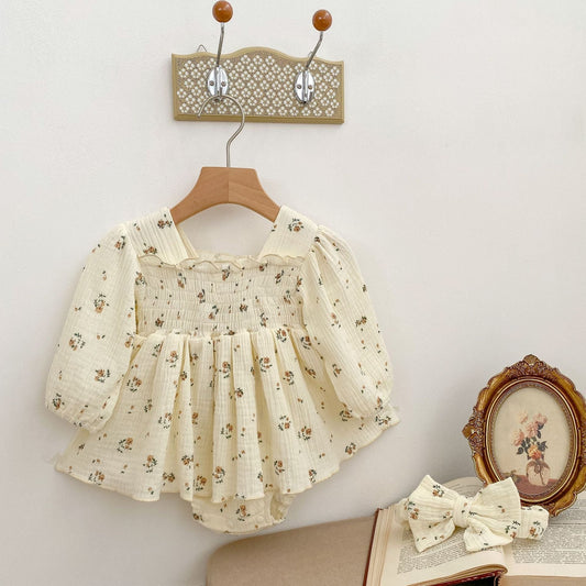 Double-Layered Mesh Floral Onesie: Princess-Inspired Crawling Dress For Baby Girls