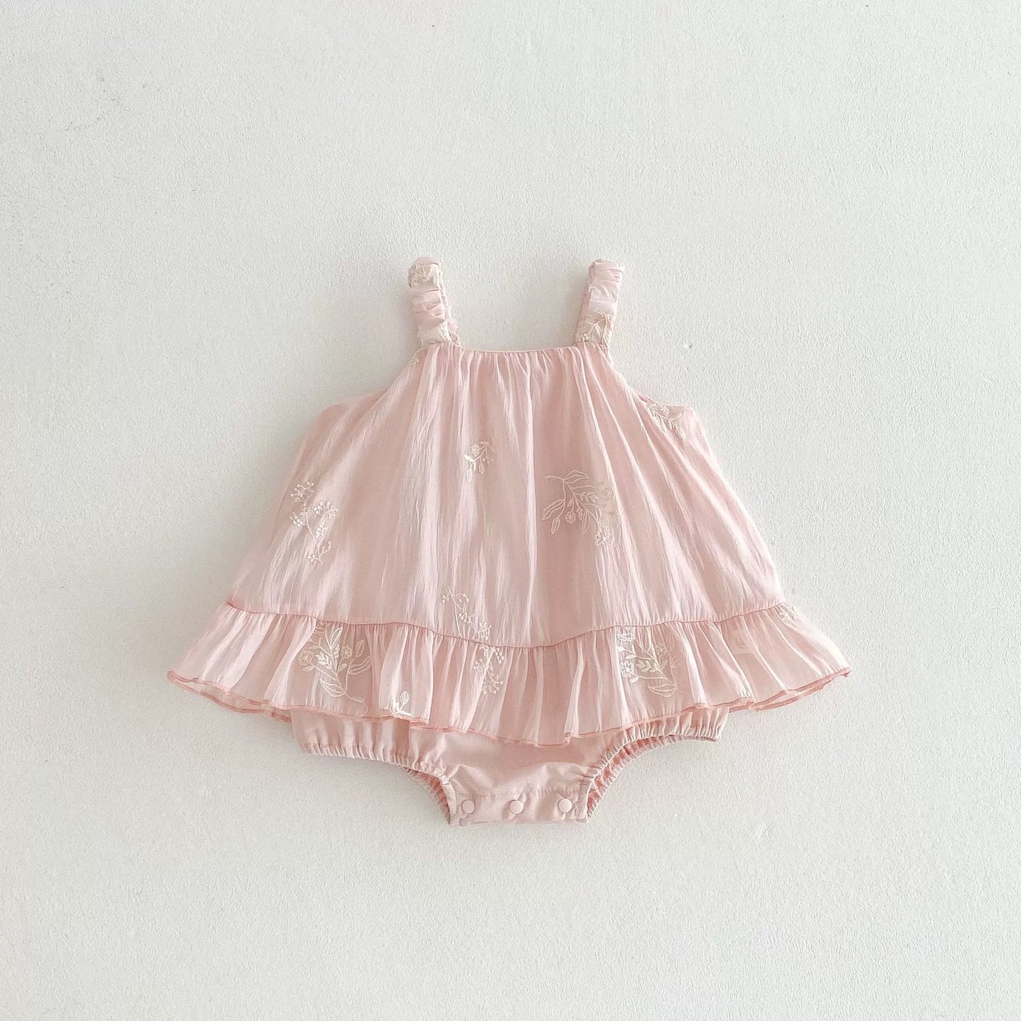 Summer Arrival Baby Girls Cute Pink Short Sleeves Flowers Embroidered Onesies