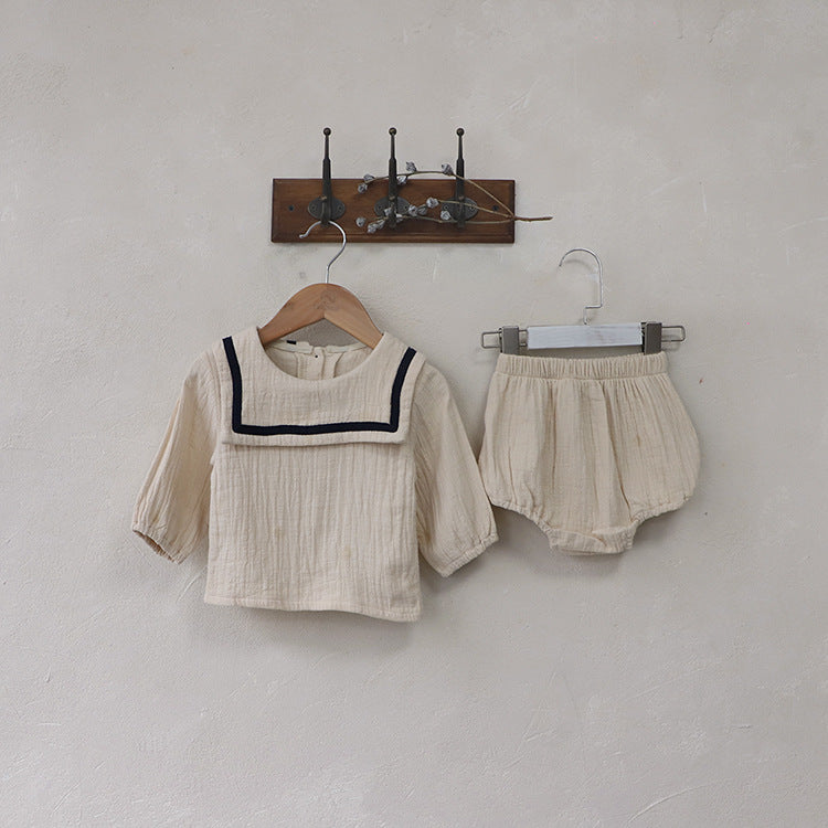 Baby Girl Solid Color Big Lapel Design Shirt Combo Shorts Sailor Style Sets